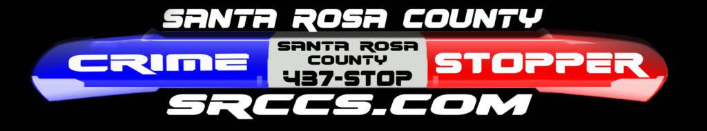 Logo of santa rosa county crime stoppers featuring a stylized blue and red graphic with the text "437stop" and the website "srccs.com.