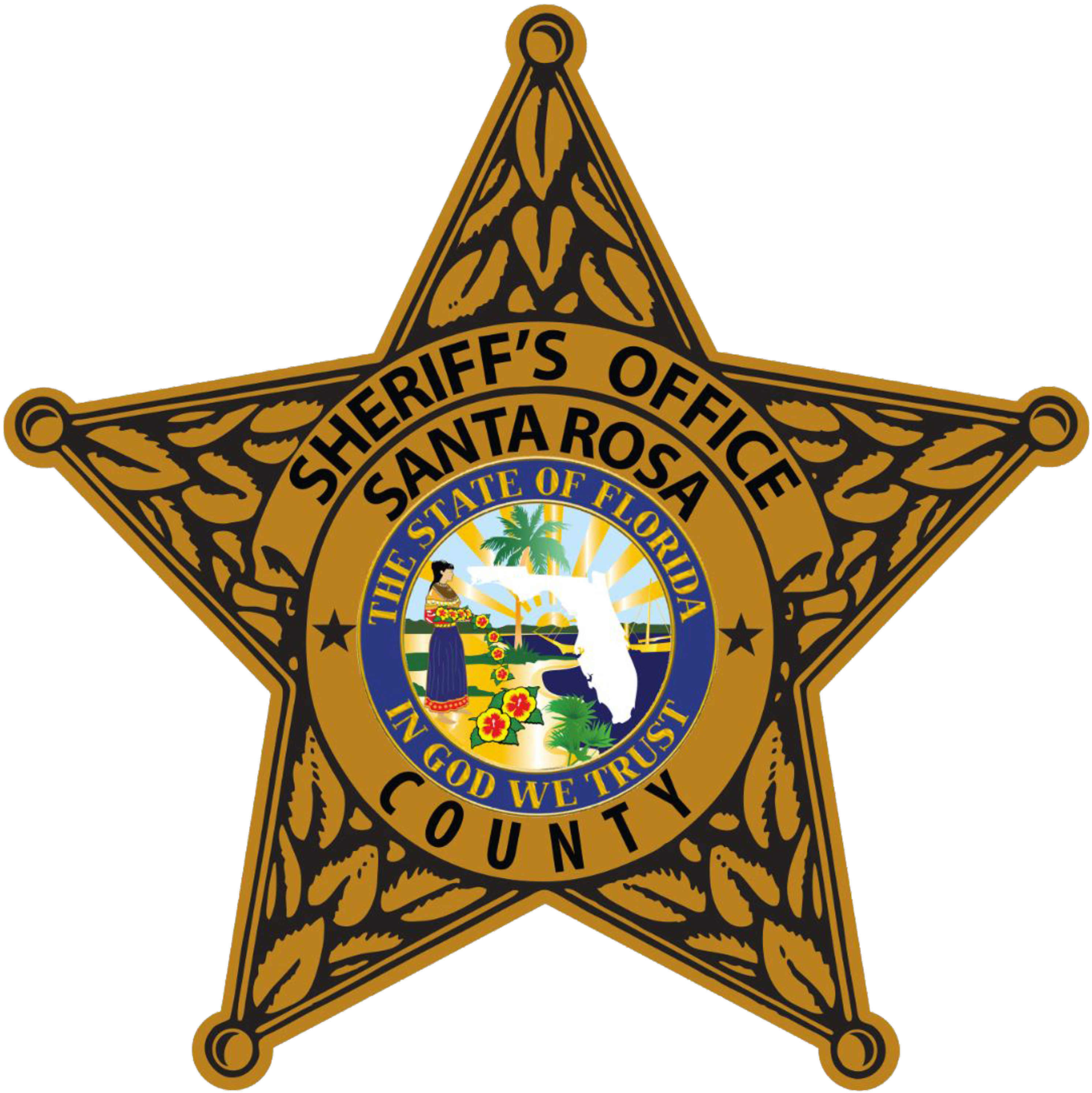 Logo of the santa rosa county sheriff's office featuring a gold star badge with the florida state seal and the motto "in god we trust.